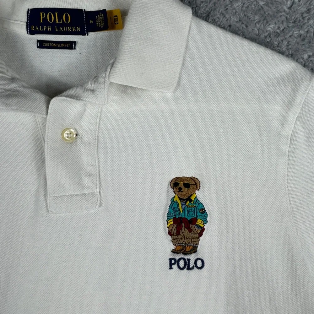 Polo Ralph Lauren Mens White Polo Bear Custom Slim Fit Cotton Pique Shirt M